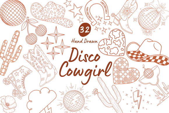 Download 32 Disco Cowgirl Hand Drawn Graphics - Girl Collection